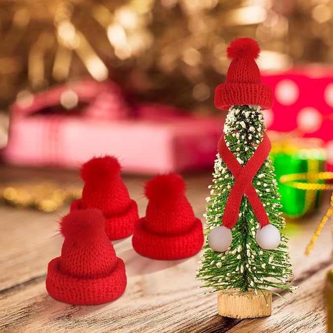 Bencailor 48 Pcs Mini Christmas Knitting Hats and Mini Christmas Scarf Set Knitting Doll Hat Scarf Santa Knit Hat Tree Ornaments for DIY Craft Art Doll Decoration (Bright Red)