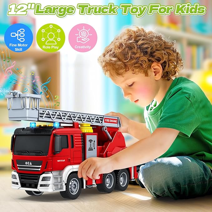 Kids Toys for 3 4 5 6 7 8 Years Old Boys, Large Fire Truck Toy, Friction Powered Fire Rescue Truck Vehicle Toy with Lights and Sirens Sounds, Water Pump, Ladder, Birthday Gifts for Boys Girls