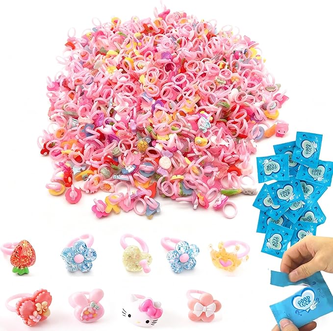 50PCS Kids Rings Blind Bags, Random Assorted Cute Cartoon Animal Fruit Flower Adjustable Plastic Rings for Girls, Surprise Blind Bag Party Favors, Birthday Gifts, Classroom Rewards