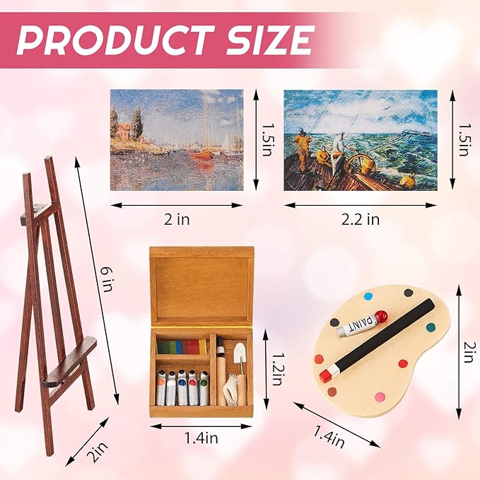 Skylety 3-Piece Dollhouse Painting Tool Accessories Set - Wooden Easel, Miniature Palette, Watercolor Box for Dolls