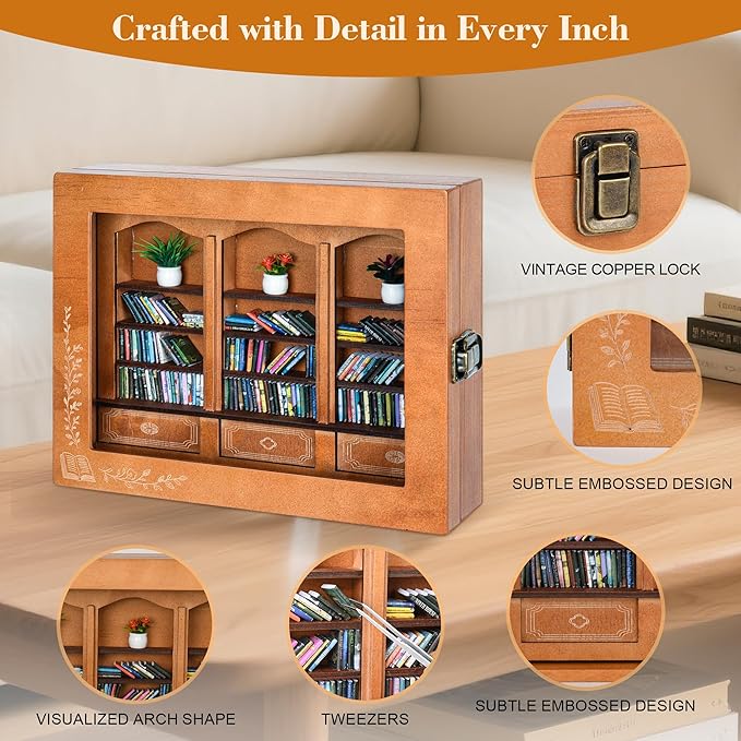 Anxiety Bookshelf with 200 Mini Books, Mini Library Decor, Shake Away Your Anxiety, Includes 1 Bookshelf, 3 Plant Flowers, and 1 Tweezers, Perfect for Book Lovers, Students, Family, and Friends