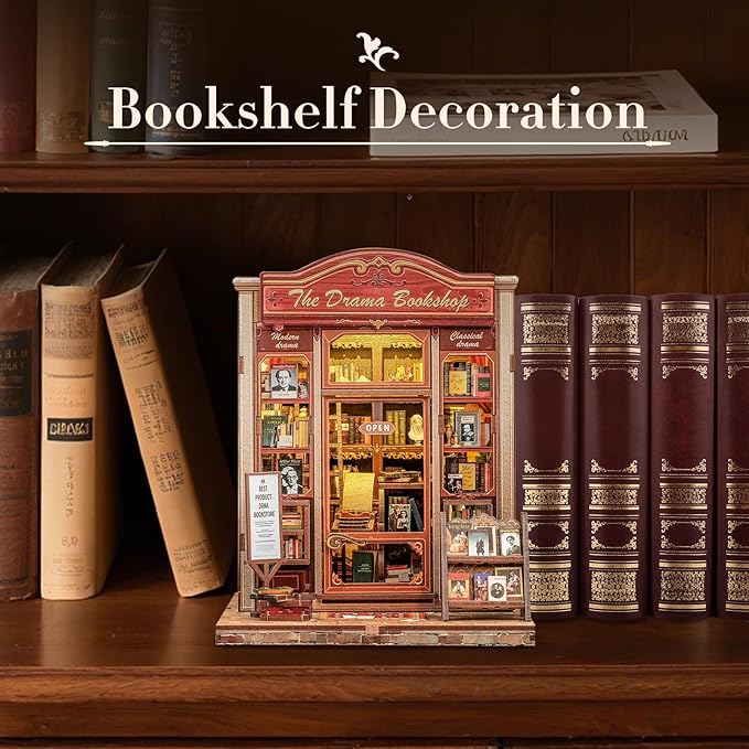 Fsolis Book Nook Kit, DIY Bookshelf Miniature Bookshelf Kit for Adults Tiny House 3D Puzzle Booknook Adult Craft Gifts for Women Teenagers Book Lovers (The Drama Bookshop)