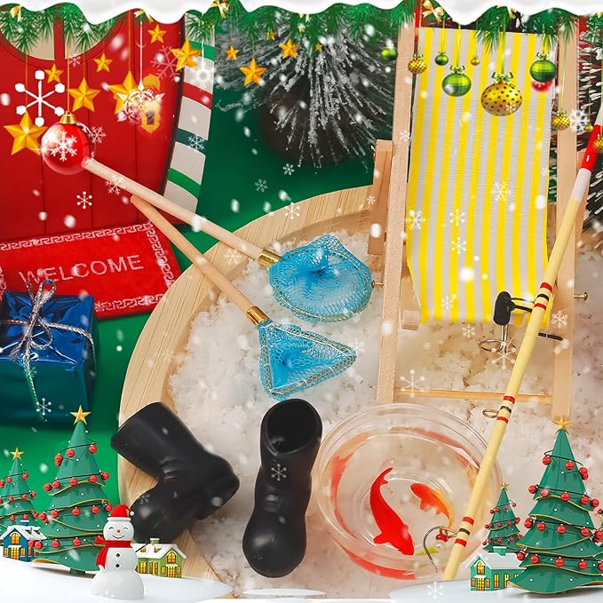 5 Pieces Miniature Fishing Rod Life Scene Christmas Elf Fishing Accessories Fishing Cake Decoration Fish Cake Topper Fish Bowl Gone Fishing Net Miniature Fishing Accessories