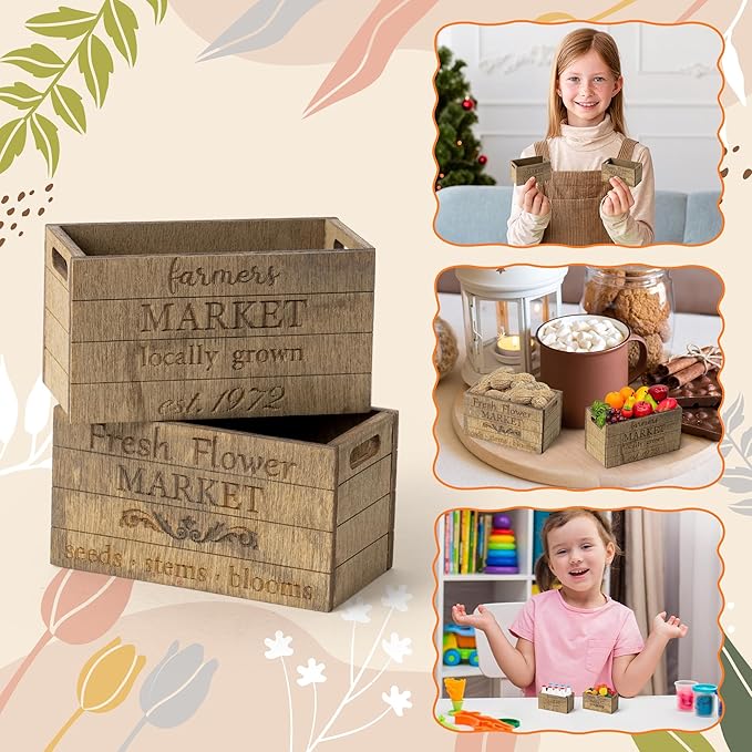 2.2 x 1.2 x 1.2 Inch Miniature Vintage Rustic Farmhouse Crate - 1:12 Scale Mini Farmhouse Micro Scene Decor Wooden Crate Basket Tiered Tray Decor for Fairy Garden Shelf Displays Accessories