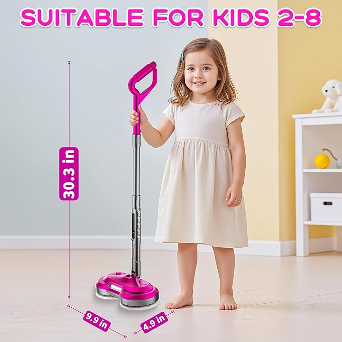 BLAXTEM Kids Electric Spray Spin Mop Toy, Rechargeable Cordless Electric Mop W/Water Sprayer & LED Headlight for Children Ages 3 4 5 6+ Boys & Girls, Cleaning Toy for Pretend Play (Rose Red)
