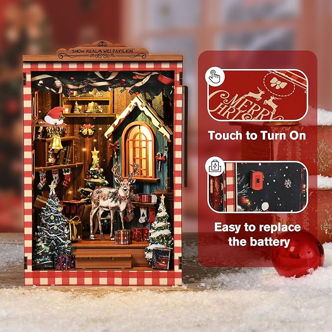 KERNOWO Book Nook Kit, DIY 3D Wooden Puzzles for Adults, Teens and Beginners, Miniature Tiny House Kit for Bookshelf Decor, Bookish Gifts for Family, Friends, Book Lovers (Snow Pavilion)