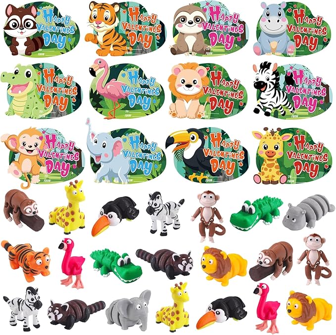 24Pcs Valentines Mini 3D Printed Forest Animals for Kids 12 Styles 3D Printed Figurines with Cards for Party Favors Valentines Fidget Toys for Classroom Prize Rewards Gifts Exchange