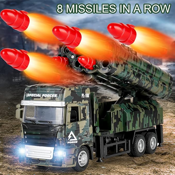Army Toys for Boys, Military Toys with 8 Missiles, Army Truck Toy with Light & Sounds, Die-cast Vehicle, Military Vehicles Gift for 3 4 5 6 Year Old Boys