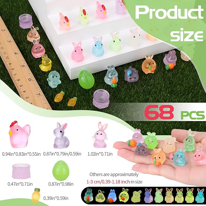 68Pcs Easter Mini Bunny Figurines Luminous Resin Animals Tiny Rabbit Chickens Figures to Hide Miniature Figurines for Egg Fillers Easter Decorations