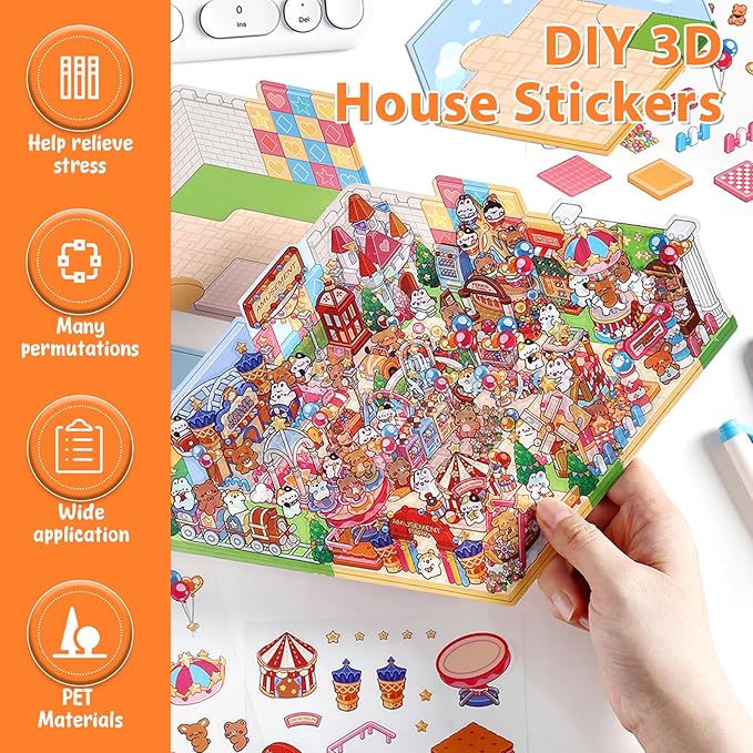 DIY 3D House Sticker, Creative 3D Stickers Scene, Fun 3D House Sticker Set, Decorative 3D Room Sticker, Cartoon 3D Miniature Scene Stickers for Adults Kids to Make Your Own Mini Room Scenes (Set 2)