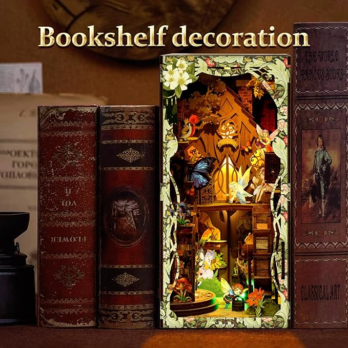 Book Nook Kit for Adult - THRIVINGIVAN Miniature Model Build Dollhouse Kit 3D Wooden Puzzle with Sensor Led Light for Bookshelf Bookend Insert Decor Adults Teen Crafts(Spirit), 1Pack