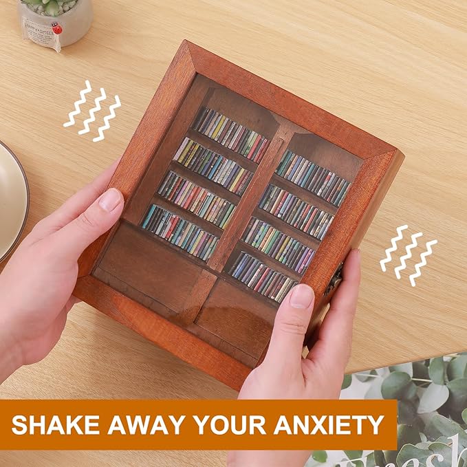 Anxiety Bookshelf with 200pcs Mini Books,Get rid of Your Anxiety Miniature Book Display Cabinet, Stress-Relief Bookshelf for Home Office Decor (Brown)
