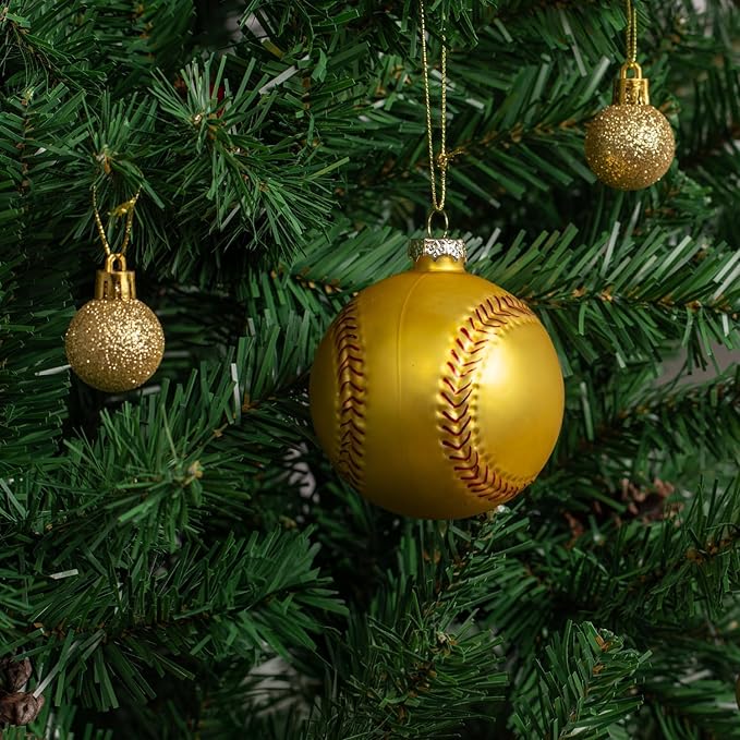 3.15” Christmas Softball Glass Blown Ornament, 2025 Hand-Painted Small Mini Sports Ball Decoration for Boys and Girls, Xmas Tree Holiday Decor Kids Themed Party Gifts