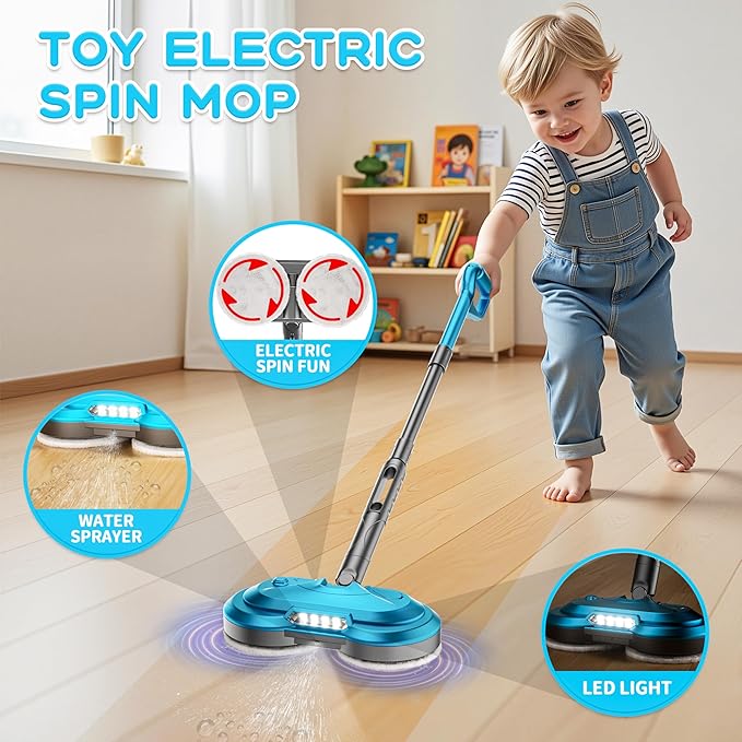 BLAXTEM Kids Toy Electric Spray Spin Mop, Rechargeable Cordless Electric Mop W/ Water Sprayer & LED Headlight for Children Ages 3 4 5 6+ Boys & Girls, Cleaning Toy for Pretend Play (Blue)