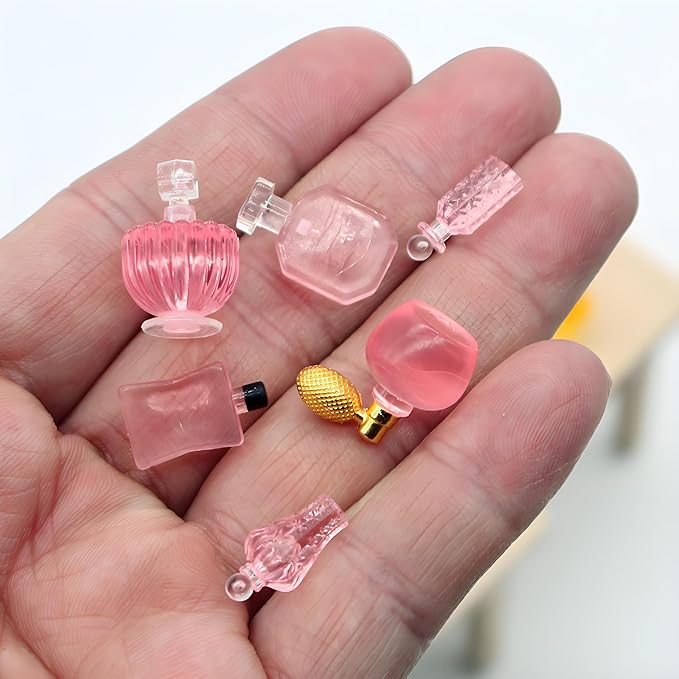 6-Piece Miniature Cosmetic Set – 1:12 Scale Realistic Pink Perfume Bottles for Dollhouse Bathroom, Vanity, Beauty & Spa Theme, DIY Micro Scene, Fairy Garden, Craft Display & Collector Decoration（ B ）