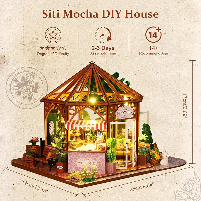 DIY Miniature House Kit, Mini Mocha Coffee Shop Building Set, 3D Wooden Dollhouse with Dustproof Cover, Creative Handmade Home Decoration, Gift for Adults Teens Birthday Christmas