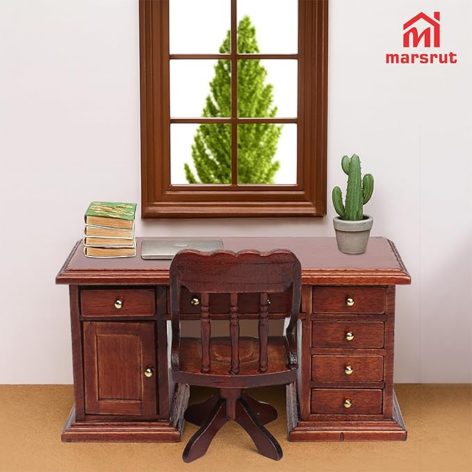 1/12 Scale Wooden Dollhouse Desk and Chair Set, Miniature Office Furniture, Computer Table Accessory, Retro Writing Simulation Pretend Play Doll House Accessories for Photo Props Classroom Scene