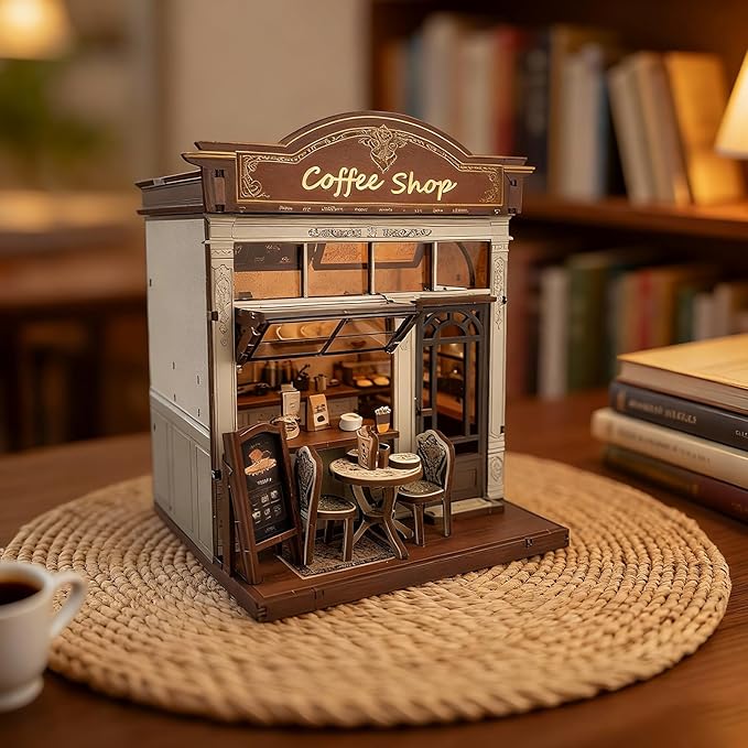 DIY Miniature House Dollhouse,Coffee Shop Book Nook Kit for Adult and Teens, Dollhouse,Tiny House Bookshelf Decor 3D Wooden Puzzle with LED Lighting, Gifts for Family, Friends (Coffe Shop)
