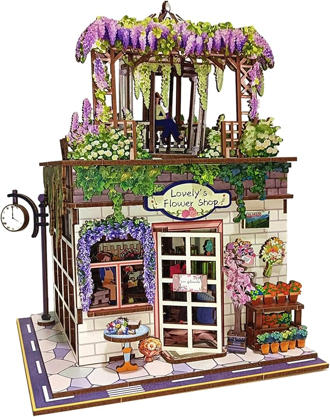 3D Wooden Puzzles Book Nook Kits for Adults Miniature House Building Kits, DIY Tiny Wooden Crafts Model Bookshelf Decor with LED Lights, Gifts for Family, Friends, Christmas(Flower Shop)