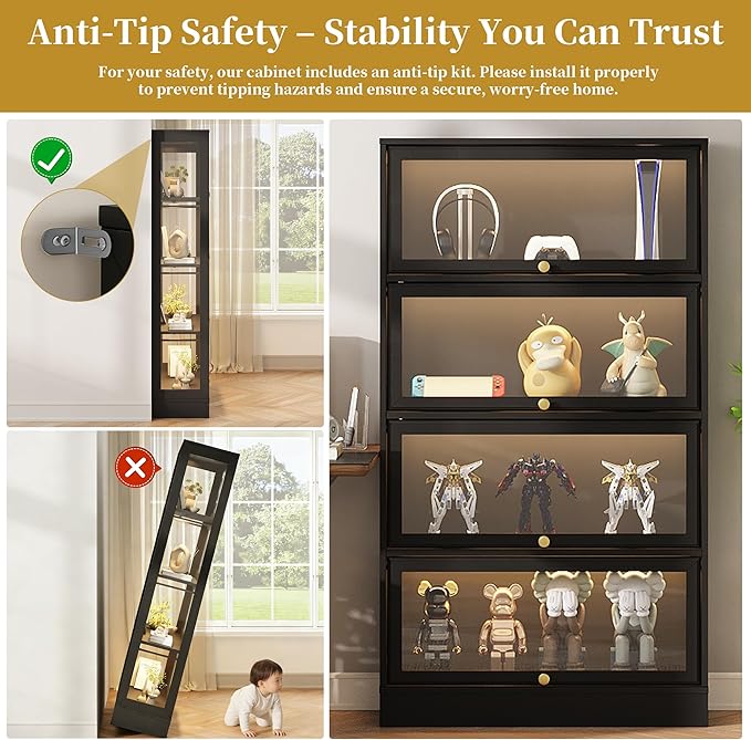 Display Cabinet with Acrylic Glass Doors,4-Tiers Curio Cabinet with LED Lighting for Collectibles, Collectibles Toy Organizers Rack & Display Shelf Display Case Storage Cabinet, Black
