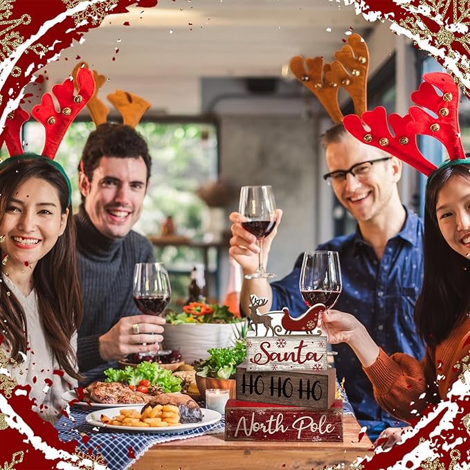 Moucuny 4 Pcs Reindeer Christmas Table Decor Wooden Reindeer Christmas Tiered Tray Decor Xmas Centerpiece Decorative Red Deer Pulled Sleigh Block Signs Gift Farmhouse Xmas Decoration for Home Kitchen