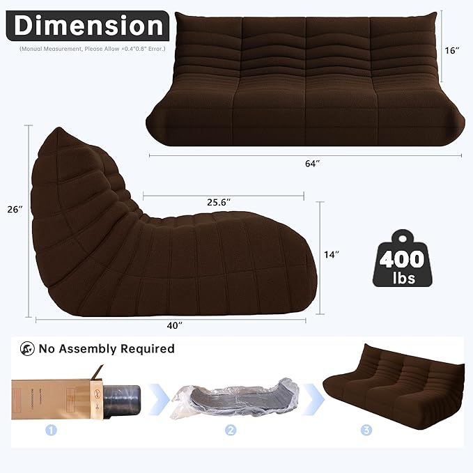 Bean Bag Chairs for Adults, BeanBag Reading Chair Memory Foam Couch 3-Seater, Floor Chair Soft Teddy Material, Comfy Reading Nook Chairs for Bedroom Living Room Office (Coffee)