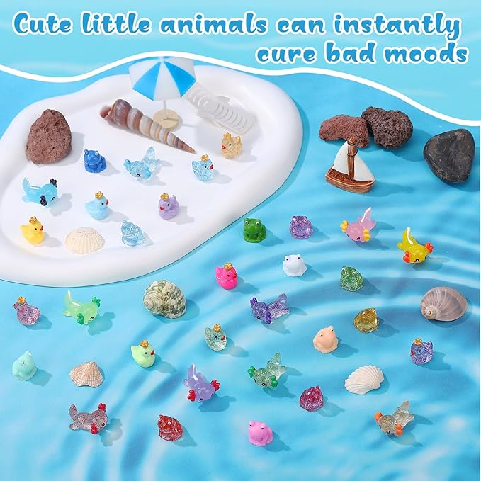 150pcs Mini Resin Animals, Miniature Animal Figurines to Hide, Tiny Resin Crown Ducks, Axolotls, Frogs for Party Favors Bag Fillers Dollhouse Decor(6 Styles)