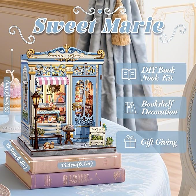 Fsolis Book Nook Kit - DIY Bookshelf Miniature Kit for Adults, 3D Puzzle Booknook Bakery Tiny House Craft Gifts for Women Readers Book Lovers (Sweet Marie)
