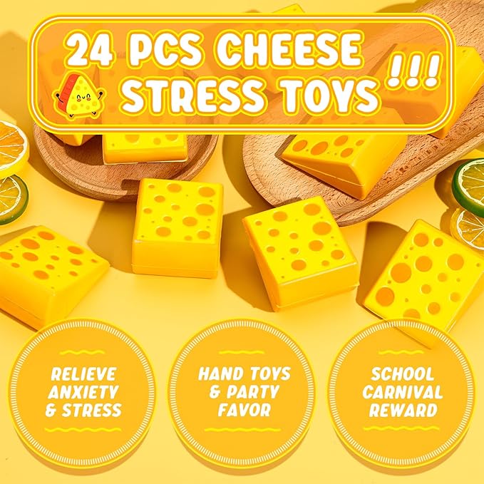 Libima 24 Pcs Cheese Stress Toys Bulk Fake Cheese Party Favors Foam Squeeze Stretchy Food Stress Ball Miniature Block for Kids Adults Anxiety Relief Fidget Toys Dollhouse Kitchen DIY Decor