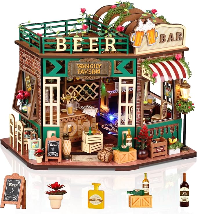 Miniature House Kit, DIY Miniature Dollhouse Kit, Mini House Building Kits with LED, Unique Gift for Birthday Christmas Day, Beer Bar