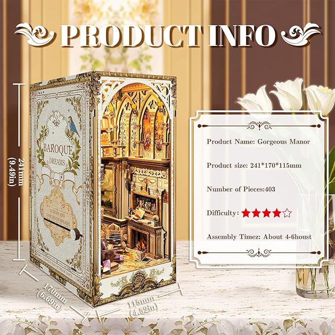 DIY Book Nook Kit, DIY Miniature Dollhouse Kit for Adults and Teens, Book Nook Bookshelf Insert Decor 3D Wooden Puzzle Bookend Miniature Kit with Sensor Light Creative Craft (Victorian Library)