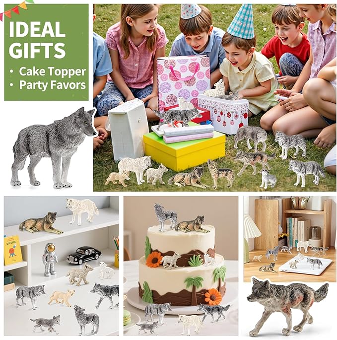 9PCS Wolf Toys Animal Figurines, Realistic Plastic Zoo Safari Animal Toys for Kids 3 4 5 6 7, Forest Wolf Animals Figures, Educational Toy Cake Toppers Birthday Gift for Kids Boys Girls