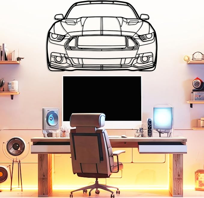 DecoSoul Mustang Metal Car Wall Art, Sports Car, Automotive Silhouette Line Decoration, Minimalist Sculpture for Garage, Indoor Outdoor Wall Hanging, Gift for Boyfriend (Black - 20 x 5.5” inch)