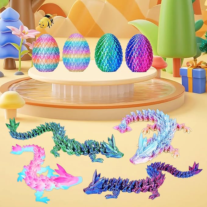 JOD® 4PCS 3D Printed Dragon Eggs with Dragon Inside – Articulated Fidget Toys, Easter Dragon Eggs, Mystery Surprise Easter Eggs for Kids, Unique 3D Printed Animals, Home Decor and Gift Set(C)