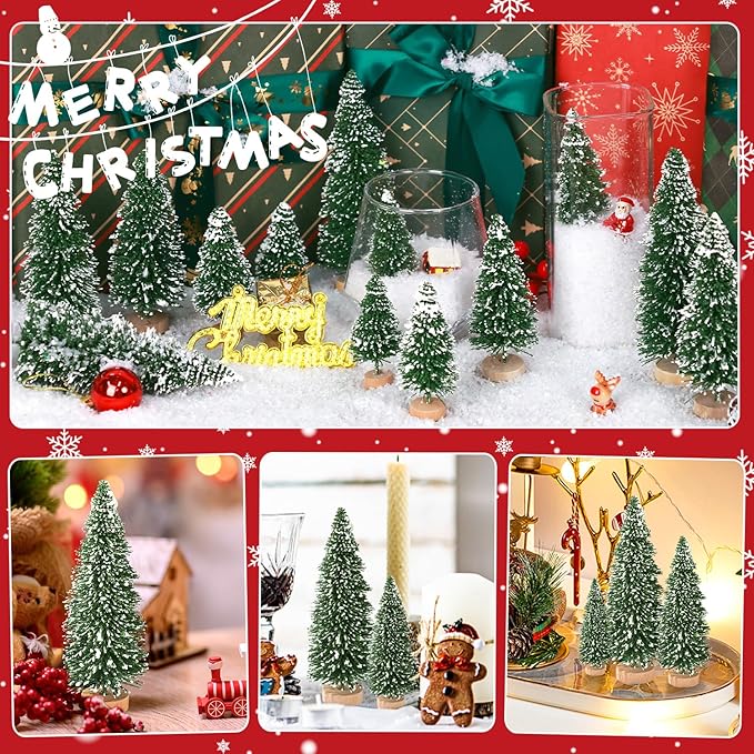 30Pcs Mini Christmas Tree Decor, Artificial Christmas Tree 5 Sizes,Mini Sisal Snow Frost Trees with Wooden Base for Christmas Decor Christmas Party Home Table Craft Decorations (B/Green)