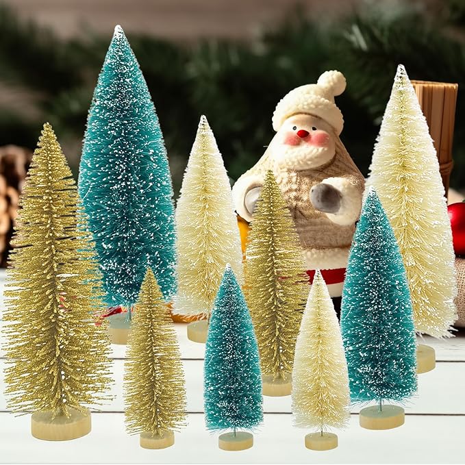 Yahpetes Christmas Trees 9 Pcs Artificial Bottle Brush Tabletop Trees Christmas Table Decorations for Xmas Holiday Party Decor (Blue-Green,Gold,Beige 9Pcs)
