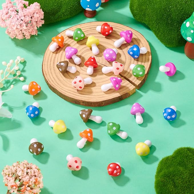 36 Pcs Wooden Mushrooms Figurines Tiny Wood Mushroom Miniature Colorful Mushroom Dollhouse Ornaments for Landscape Fairy Garden Plant DIY Table Office Desk Home Party Decor