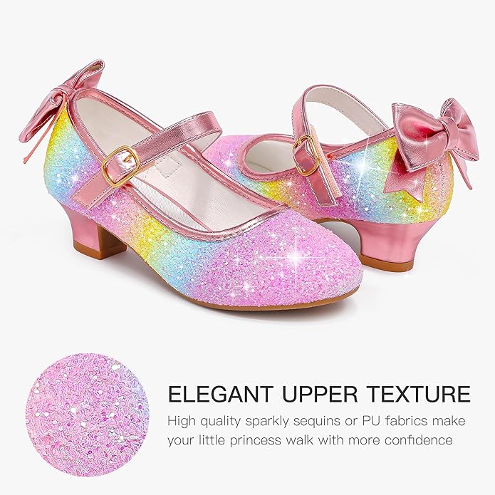 Dufannie Girls Dress Shoes Low Heel Princess Flats Mary Jane Flower Wedding Party Glitter Shoes for Kids Toddler