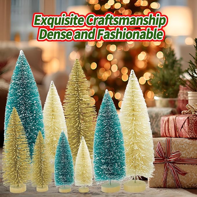 Yahpetes Christmas Trees 9 Pcs Artificial Bottle Brush Tabletop Trees Christmas Table Decorations for Xmas Holiday Party Decor (Blue-Green,Gold,Beige 9Pcs)