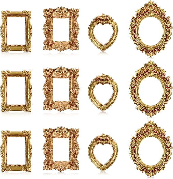 Sibba 12 Pcs Miniature Dollhouse Accessories Vintage Gold Resin Frames Set 1/12 Scale Dollhouse Frames with Carved Details Mini Frame for Wall Hanging Desktop Display Jewelry Showcase DIY Crafts Décor