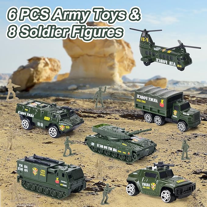 6-Piece Die-Cast Army Tank Set for Boys 3-6, with 8 Soldier Figures, Military Toys with Light & Sound, Launchable Missile Tanks