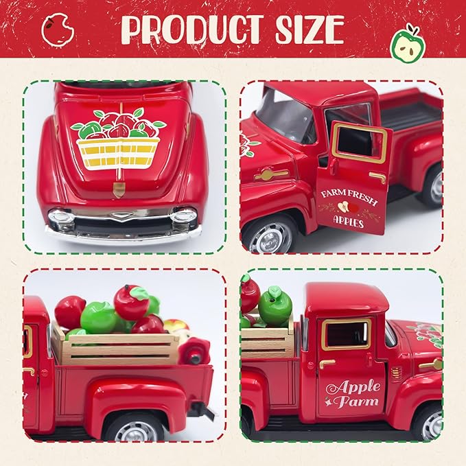 Apple Decor Farmhouse Vintage Red Truck with Fake Apples and Wooden Crate Christmas Table Decorations Mini Apples for Crafts Red Xmas Tiered Tray Decor for Home Kitchen Apple Theme New Year Gifts