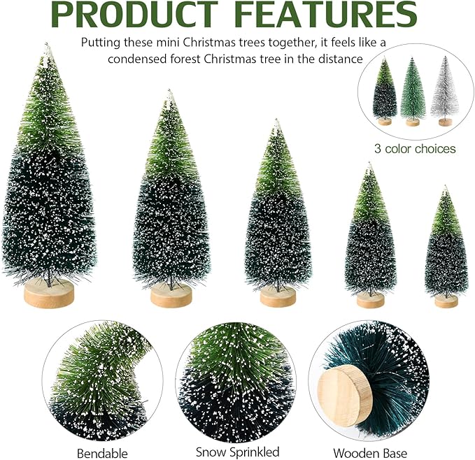 30Pcs Mini Christmas Tree Decor, Artificial Christmas Tree 5 Sizes,Mini Sisal Snow Frost Trees with Wooden Base for Christmas Decor Christmas Party Home Table Craft Decorations (B/Green/Silver)