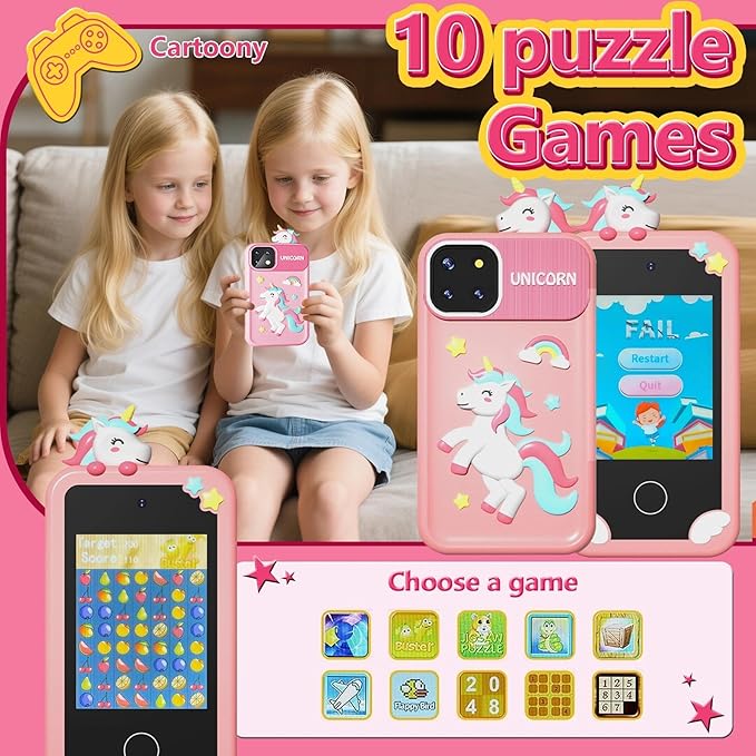 BEBESIRI Kids Camera Mini Smartphone Toy for Girls, 2.8" Touch Screen, 22 Learning Games, Dual Camera, Music Player, 32GB Card, Christmas Birthday Gift, (Pink Unicorn)