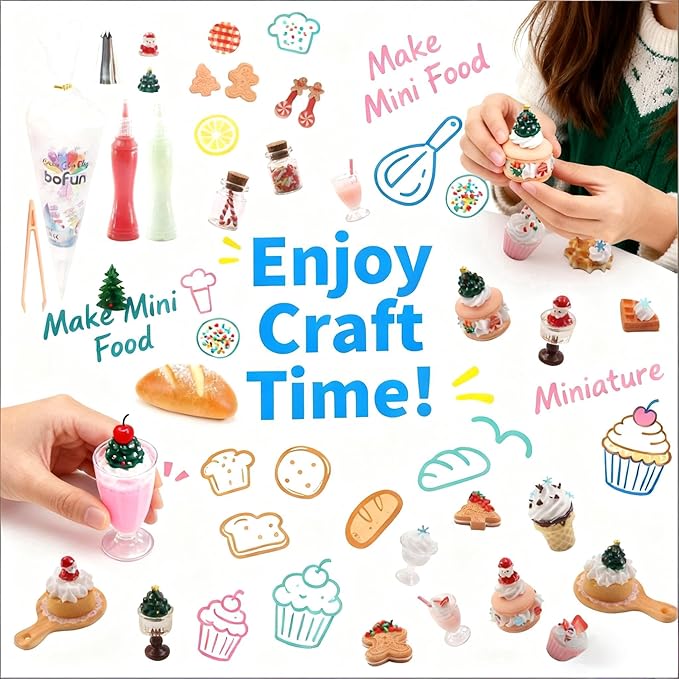 BoFUN Christmas DIY Miniature Food Craft Kit, 20+ Mini Dessert Set for Kids Ages 8-12, Teens & Girls, Dollhouse Accessories, Holiday Party Crafts Birthday Gift for Mini Collector, Non-Edible (Cream)