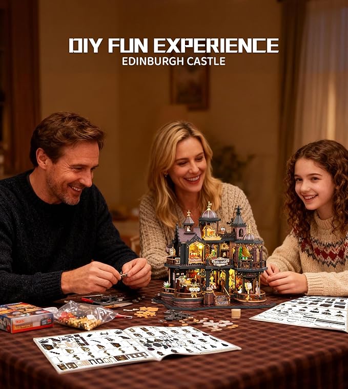 DIY Doll House, Edinburgh Castle Miniature House Kit 3D Wooden Puzzle with LED Lights and Music Box, House Building Kit for Home Decoration and Creative Gift for Adults & Teens