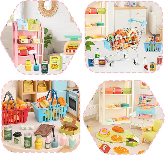 196Pcs Dollhouse Miniature Store Grocery Accessories Mini Shopping Cart Basket 4 Three-Layer Shelves Supermarket Metal Handcart Resin Food Drink Bottle Cash Register Packaging Box