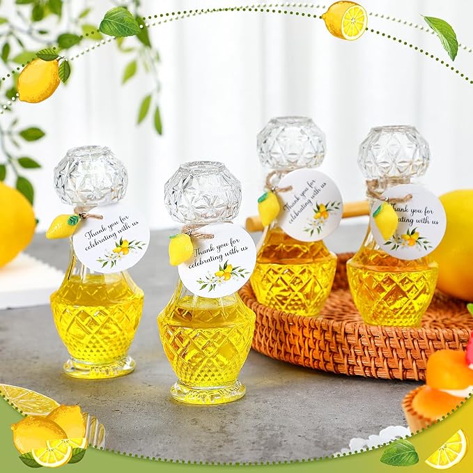 Chuangdi 16 Sets Mini Limoncello Glass Bottles Limoncello Bottles with Labels 1.7 oz Lemon Pendants Lemon Party Favors for Homemade Brewing Wedding Baby Shower Gifts(Elegant)