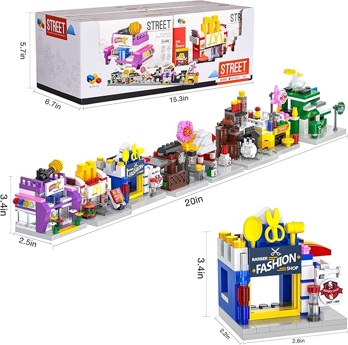 ZornRC 8 Packs Mini City Shop Street View Building Blocks Kit,MOC Construction Creative Educational Kit with Hair Salon & Café Store,Girls Boys Dream Toy Set,Christmas Birthday Party Favors for Kids