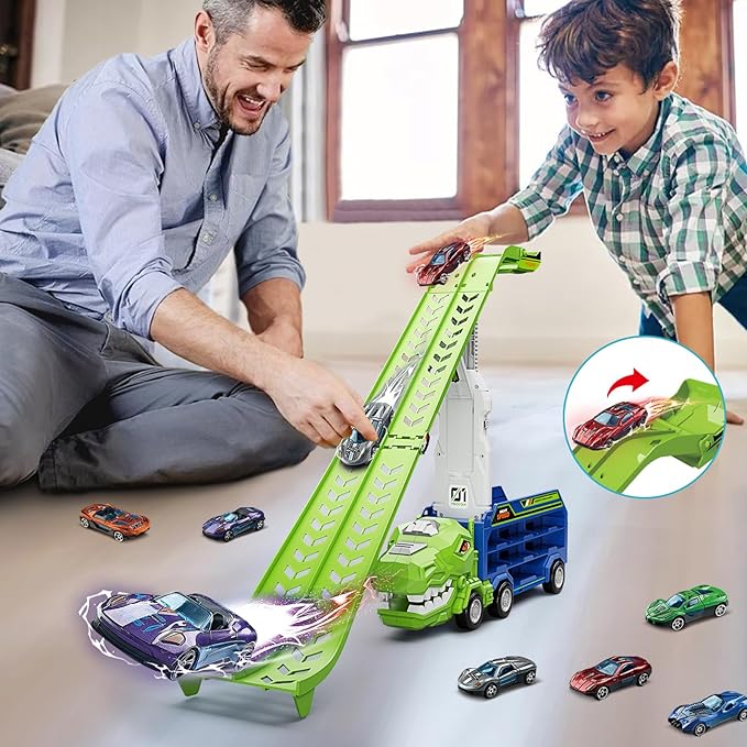 Dinosaur Truck Car Toys for 3, 4, 5, 6, 7, 8 Years Old Kids, Carrier Truck Race Track Toys, Foldable Transport Car Toy with Foldable Race Tracks, 6 Metal Cars, Birthday Gifts for Toddler Boys Girls